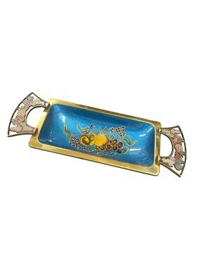Israel made VTG Brass enamel blue ornate serve trinket tray SKU 10-283